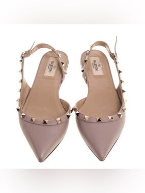 Valentino Beige Leather Rockstud Slingback Flats Size 37.5